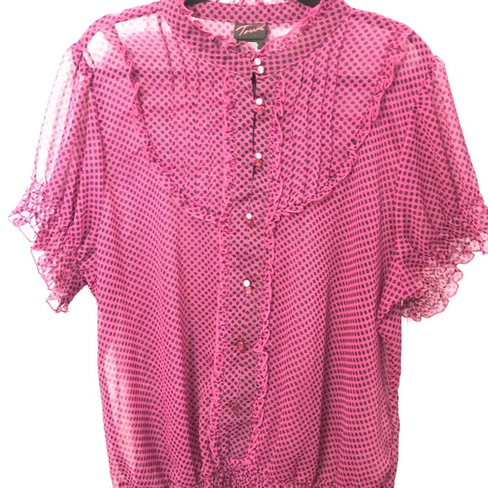 Sheer pink polka dot top banded bottom & sleeves
